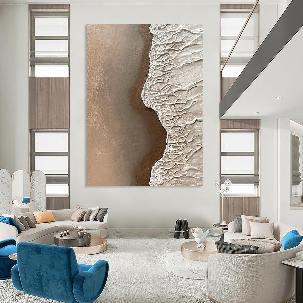 Abstract painting of sand meeting water with intricate details of grains in natural tones creating a tranquil coastal atmosphere.STSC954