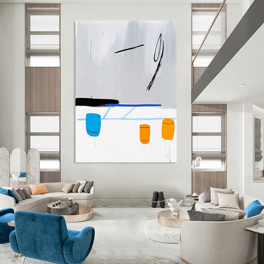 A Large Abstract Artwork Featuring a Minimalist Line Drawing of an Ice Rink with Blue Lines Yellow Barrels and Rainy Grey Sky.STSC1347