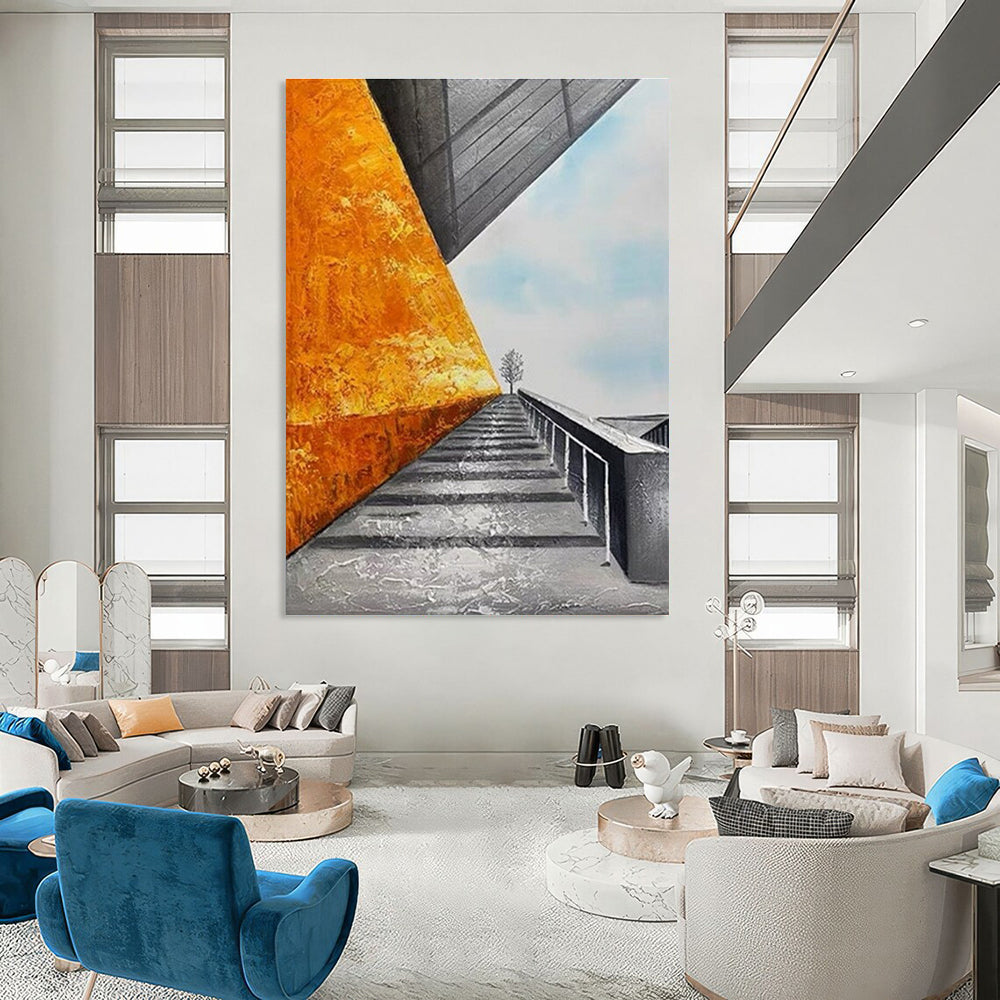 Architectural Landscape Abstract Painting with Orange and Gray ADGE281