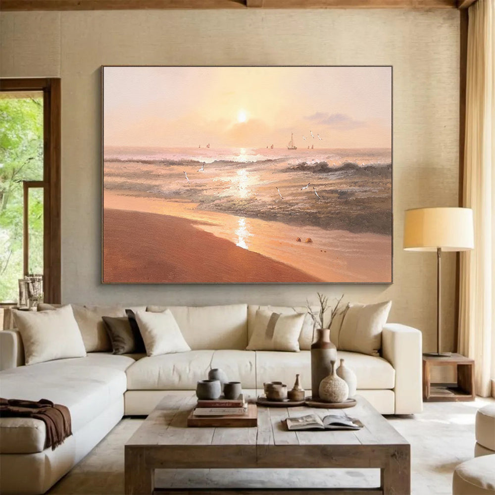Warm Seaside Sunset Abstract Painting with Golden Hues THY266