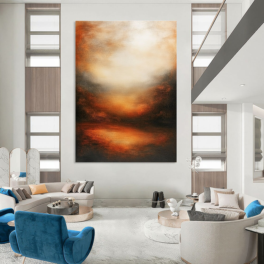 Large abstract oil painting featuring an atmospheric sunset with muted earth tones deep oranges and soft shadows evoking tranquility and harmony.STSC146