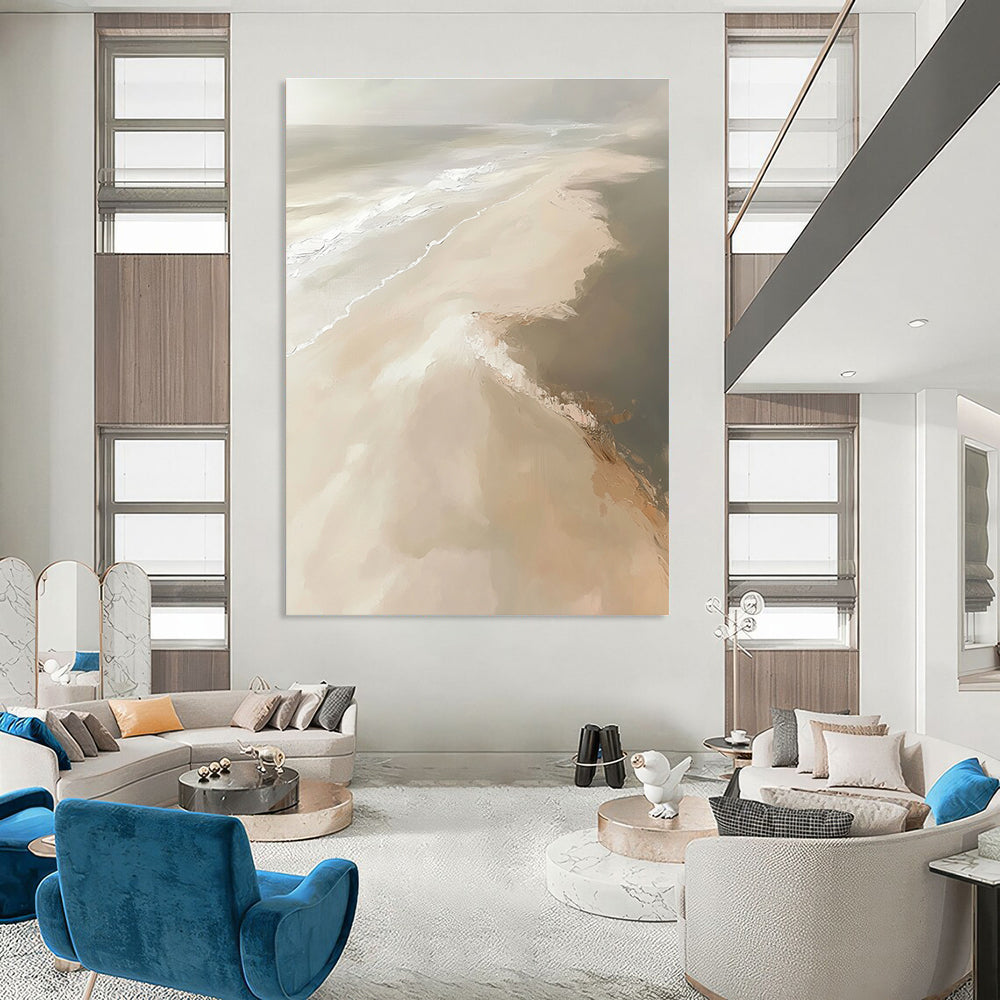 Large abstract painting depicting a sandy beach with soft tones and expressive brush strokes in a neutral color palette.STSC528