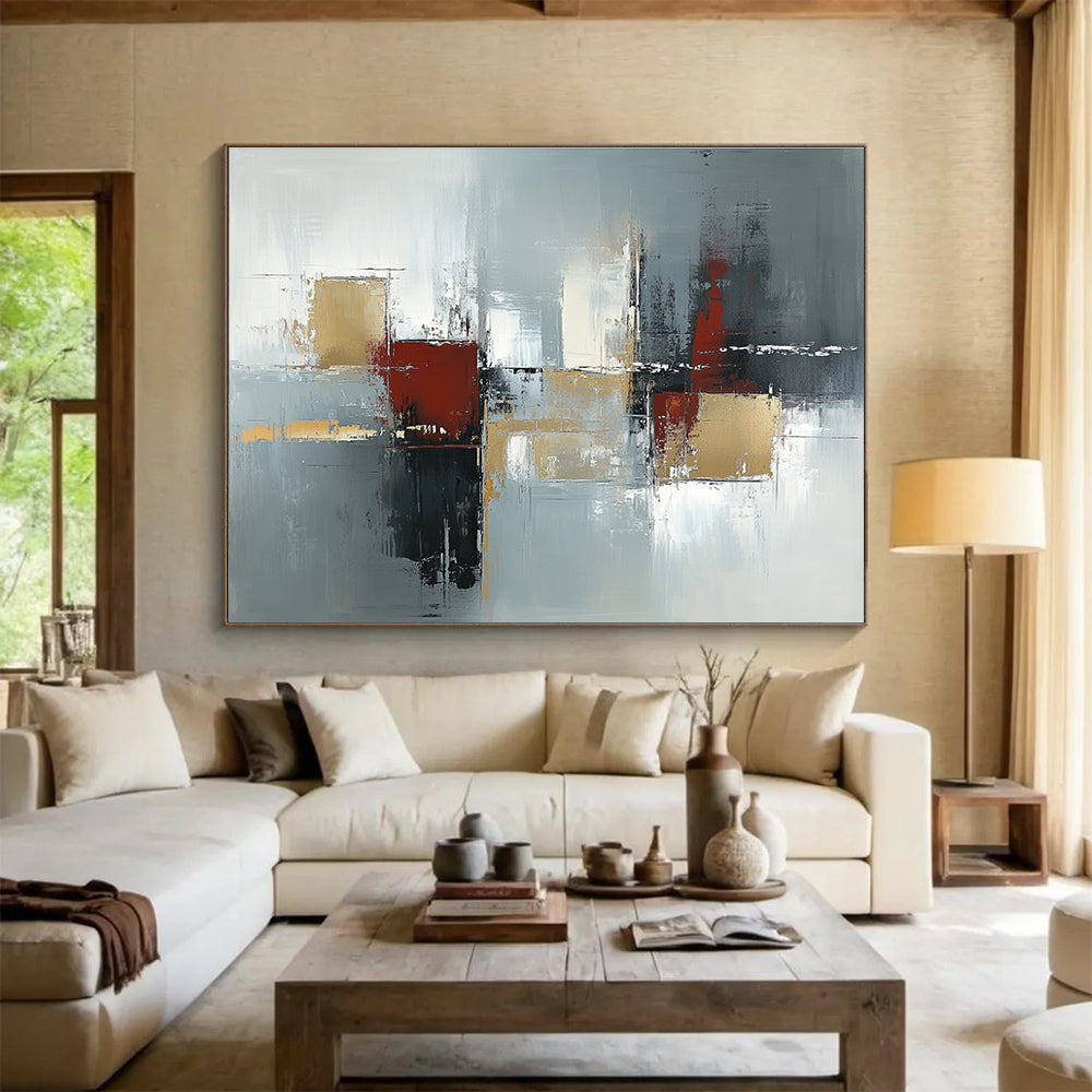 Large abstract painting in neutral tones and grays featuring urban-inspired shapes with depth and texture suitable for modern decor.SC244