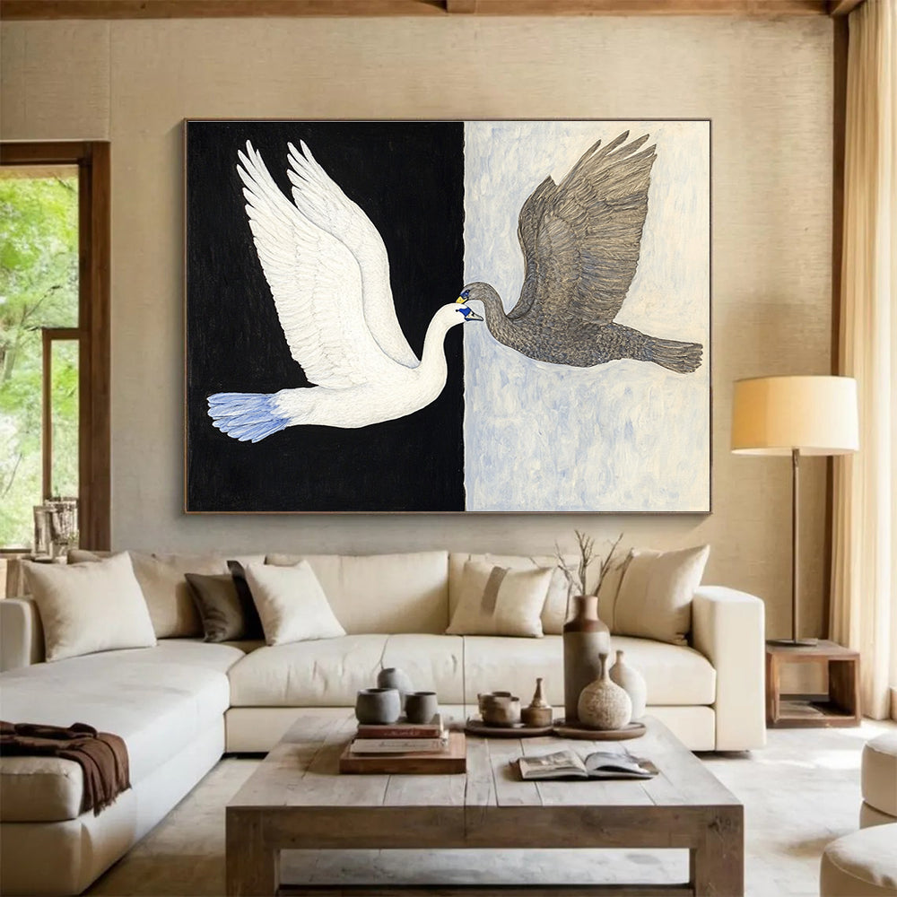 Black and White Abstract Painting of Two Birds in Flight DYP149