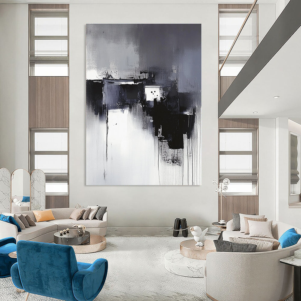 Large abstract painting in black and white with a neutral background inspired by Wu Guanzhong's artistic style.STSC617
