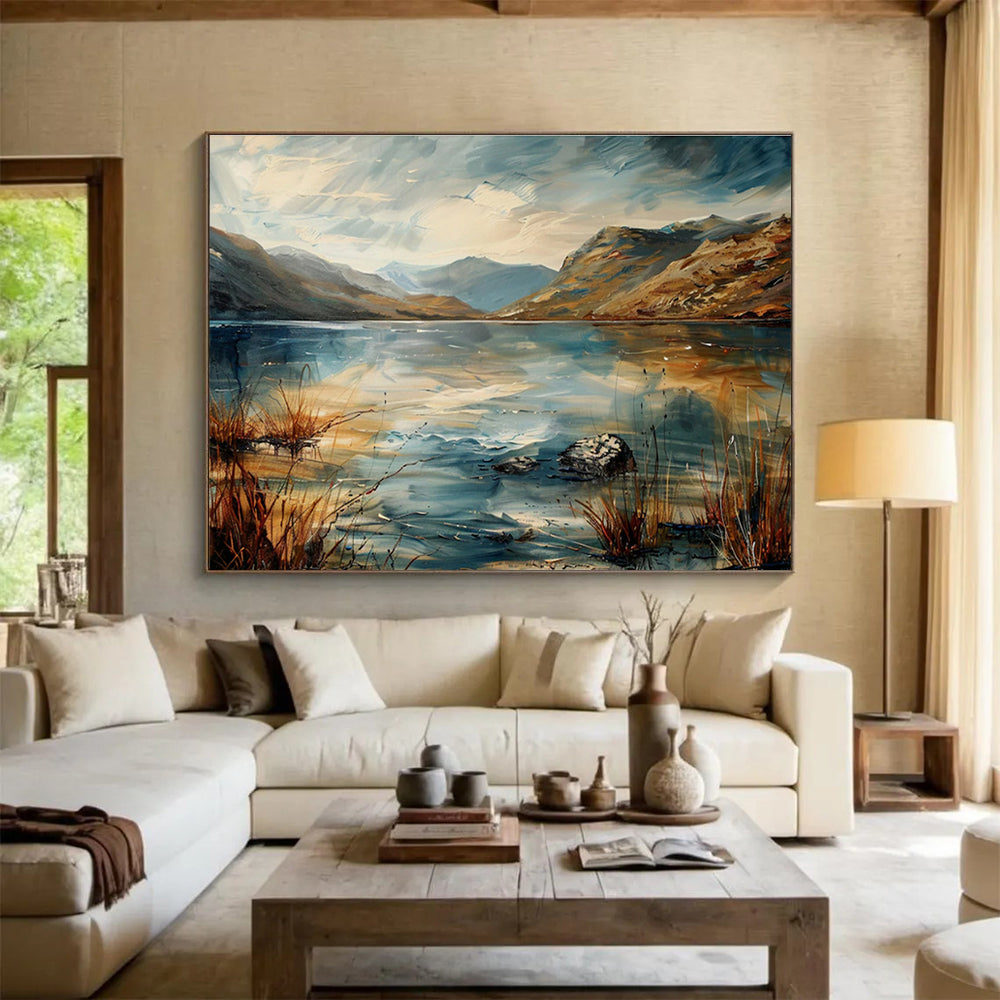 Lake Mountain Abstract Painting with Dynamic, Reflective Beauty THY403