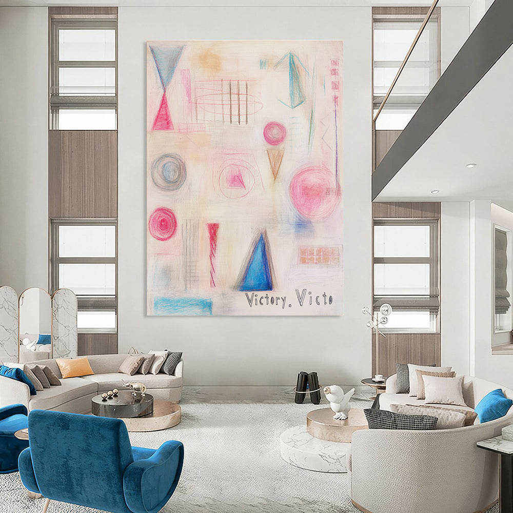 Large abstract painting featuring geometric and organic shapes in pink and blue with a soft texture and delicate color palette.STSC1205