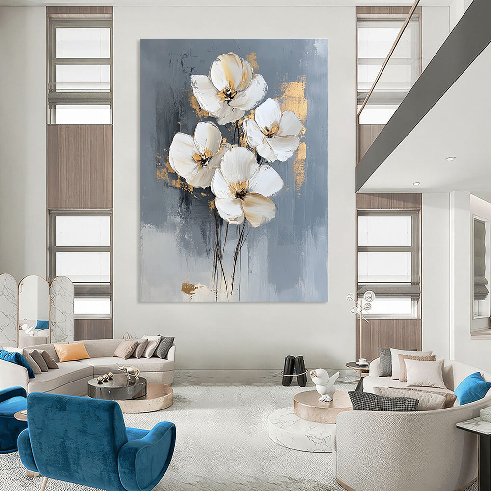 Large abstract oil painting featuring white flowers on a gray background with elegant gold accents for a stunning modern decor statement.STSC511