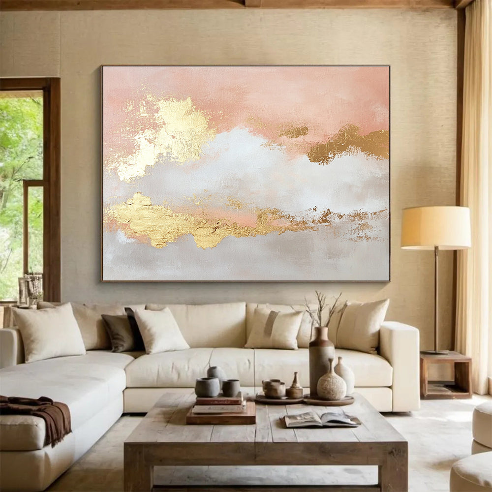 Pink and Gold Abstract Painting with Cloud - like Forms DYP395