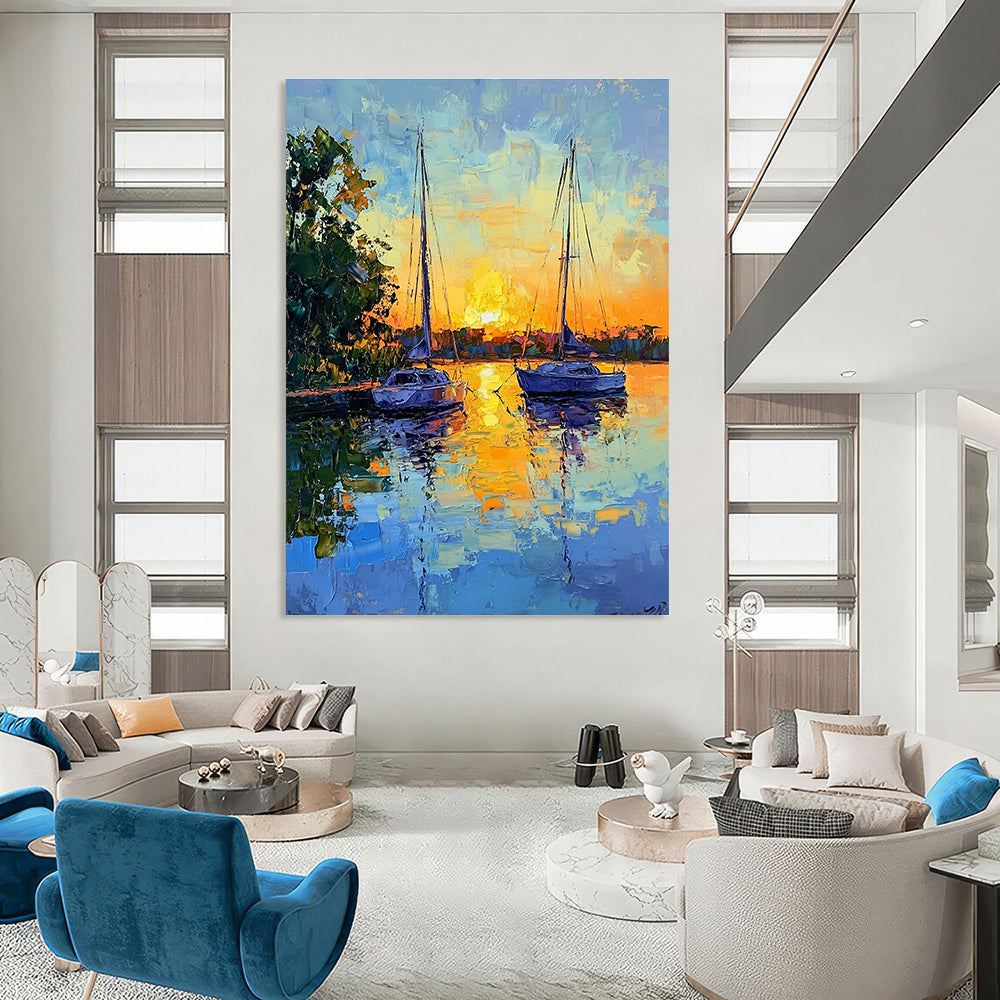 Large Abstract Painting of sailboats at sunset with soft brush strokes and vibrant colors creating tranquility and harmony between nature and human creation.STSC1393