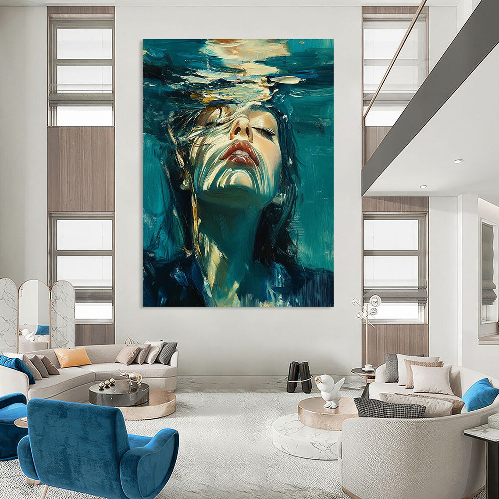 Abstract oil painting of a woman underwater with long hair wearing a dark blue suit with white details against a teal and turquoise background.STSC178