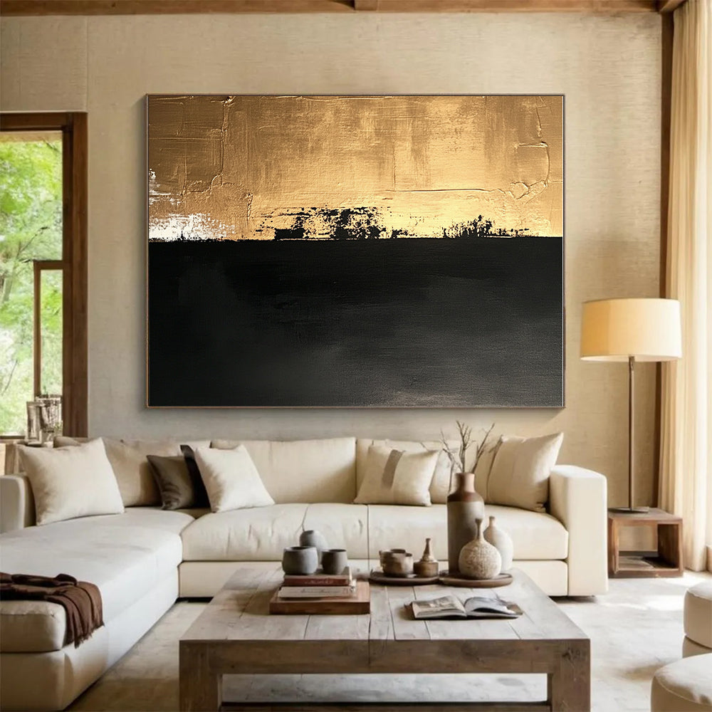 Gold and Black Textured Divide Abstract Painting with Contrasting Hues GER019