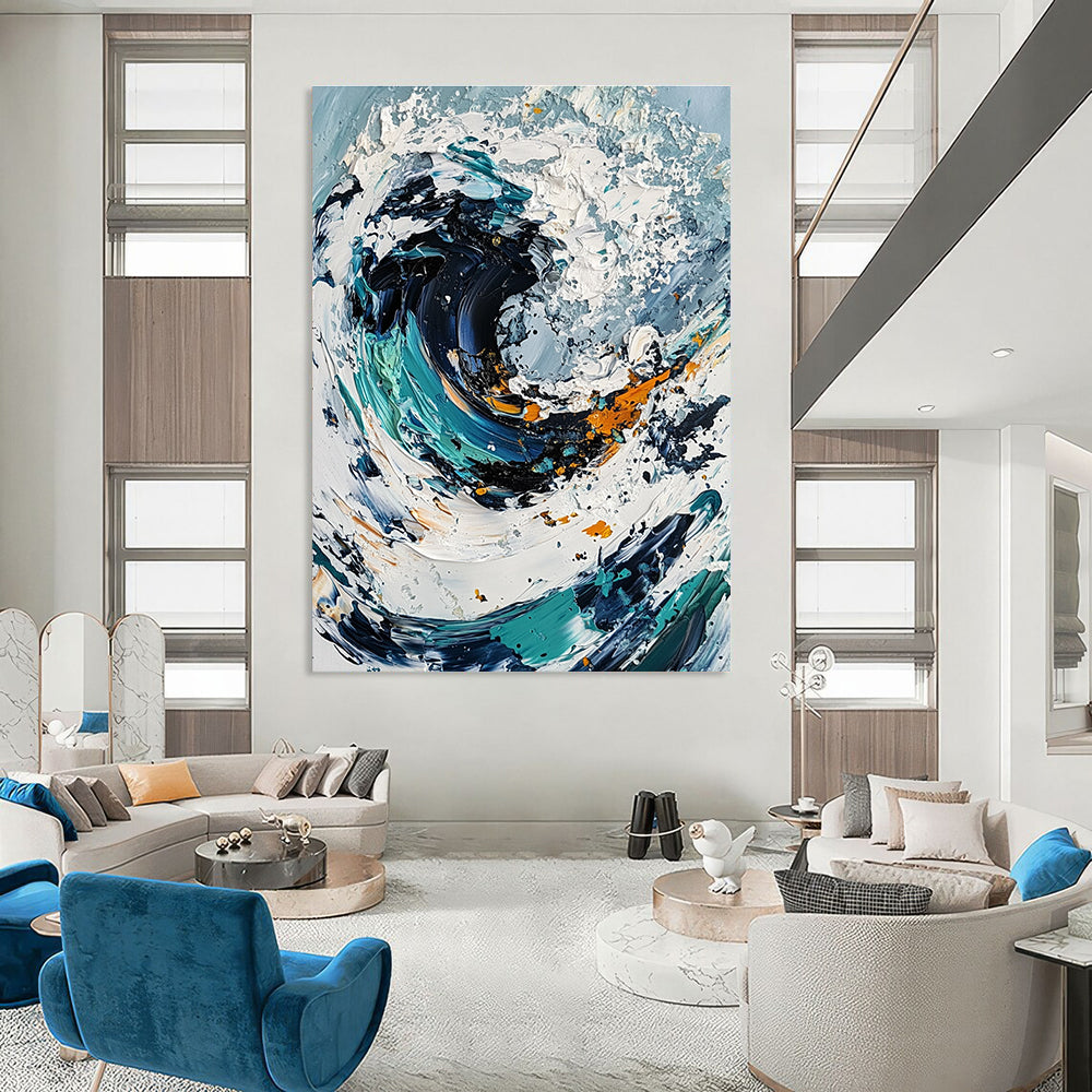 Large abstract painting of an ocean wave in white and blue tones with black center and colorful details created using a palette knife on canvas.STSC263