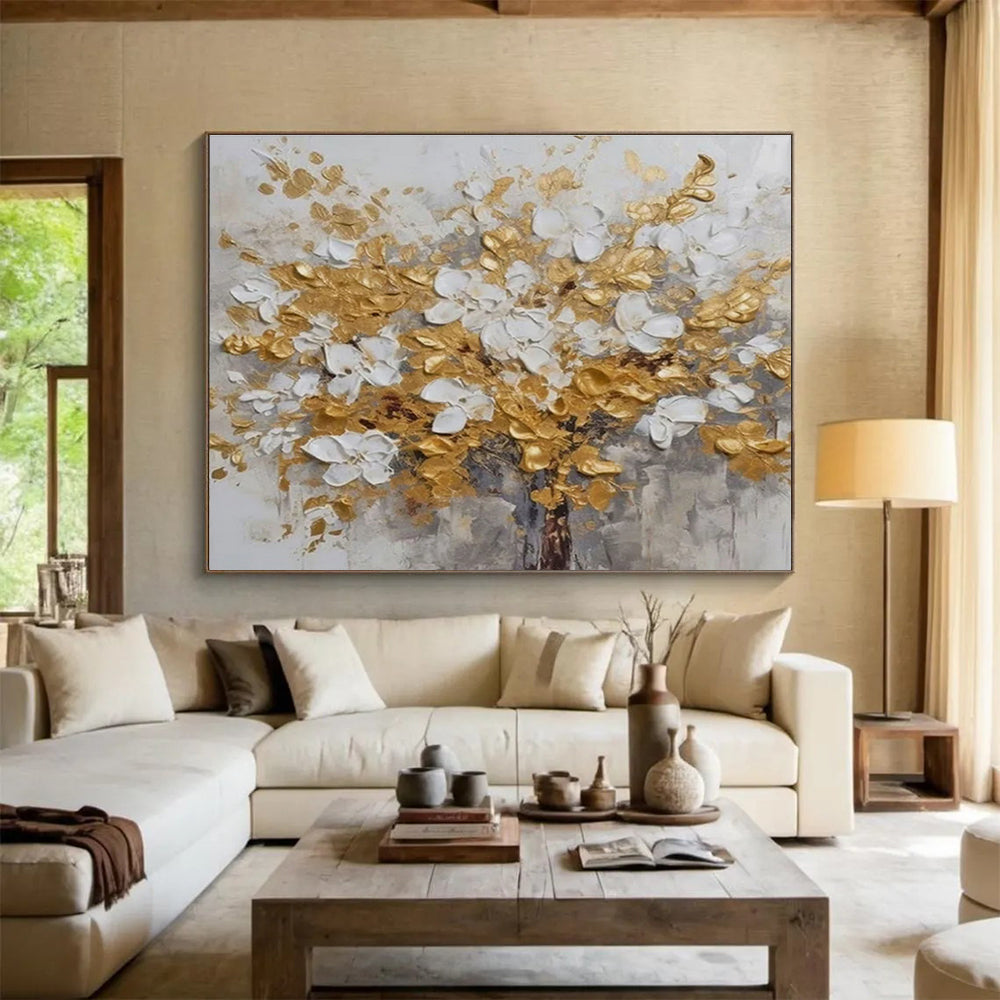 Gold and White Floral Abstract Painting with Textured Blossoms THY246