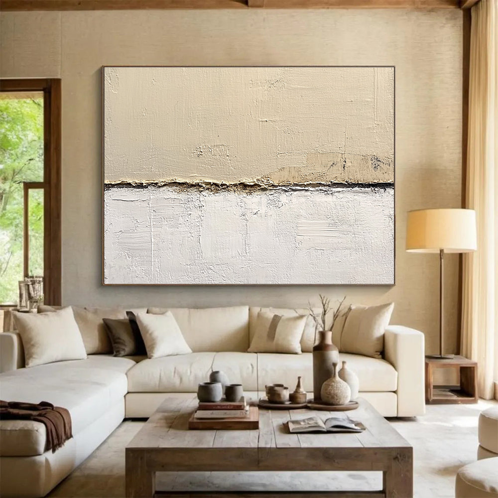 Abstract painting on textured beige wall features neutral tones in a minimalist style executed in oil on canvas with a harmonious color palette.SC181