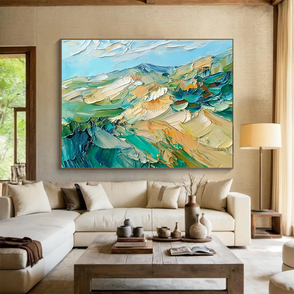 Textured Mountain Landscape Abstract Painting with Green Blue and Beige DYP287
