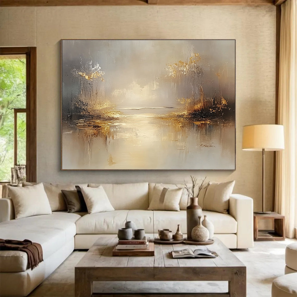 Golden Misty Landscape Abstract Painting with Reflective Elements DYP270