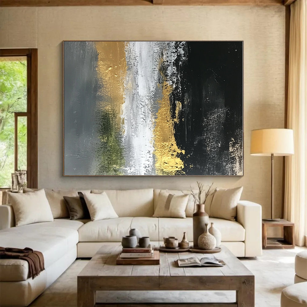 Gold Accented Abstract Painting on Black Gray and White GER248