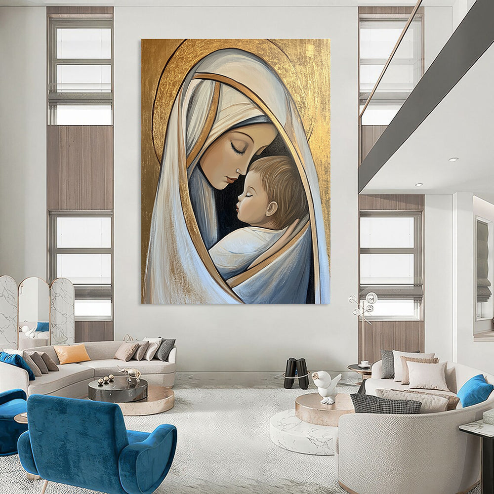 Large abstract artwork of Mary and Jesus in pastel tones on a gold leaf background conveying deep emotional connection and serene beauty.STSC1434