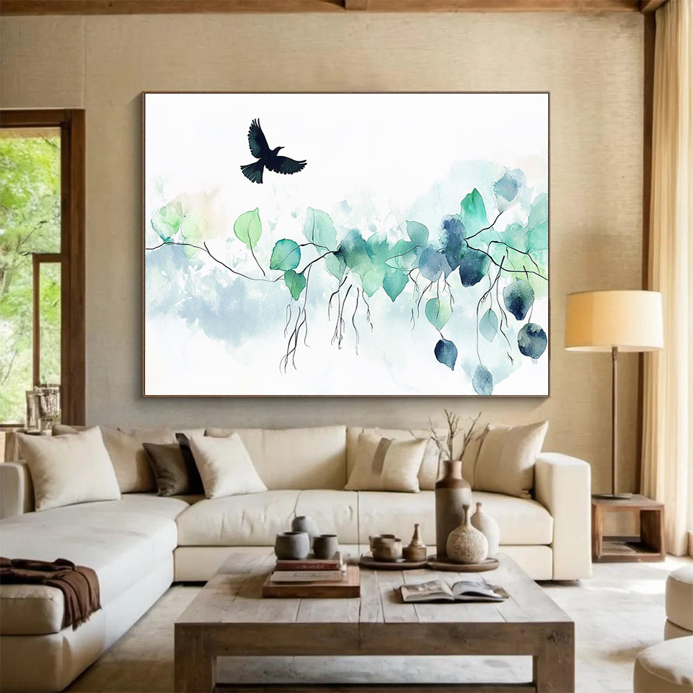 Abstract watercolor painting featuring green leaves and vines with a black bird above on a soft white background for a calming and elegant atmosphere.SC568
