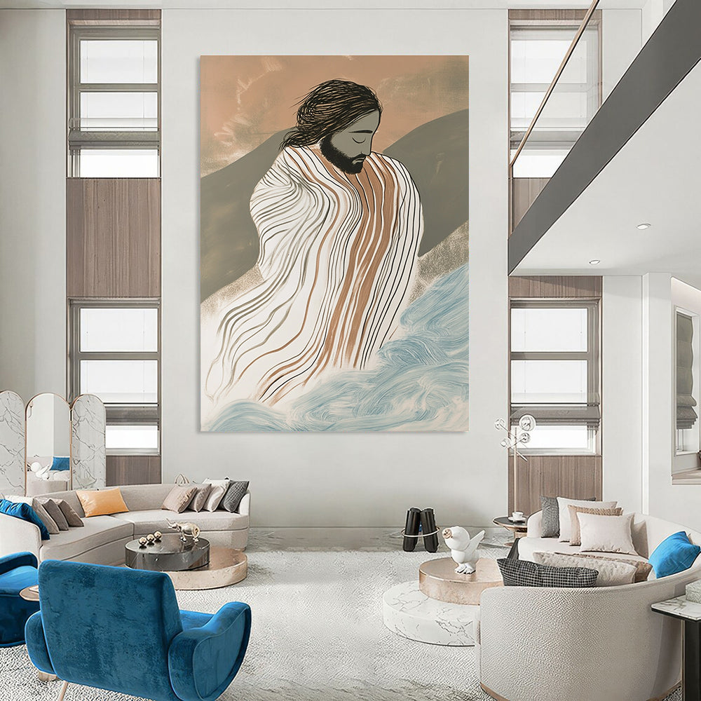 Large abstract painting featuring Jesus in striped robes surrounded by waves with an ink drawing effect and a misty atmosphere in a vibrant color palette.STSC1131