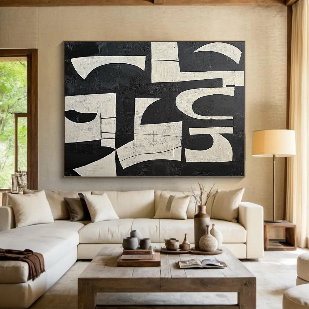 Textured Black and White Block Abstract with Layered Shapes GER239