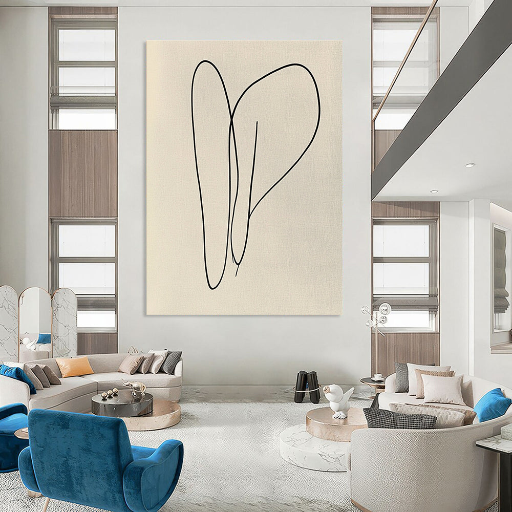 Large abstract artwork featuring bold black lines on light grey paper with organic shapes in a continuous line style evoking joy and vibrancy.STSC1182