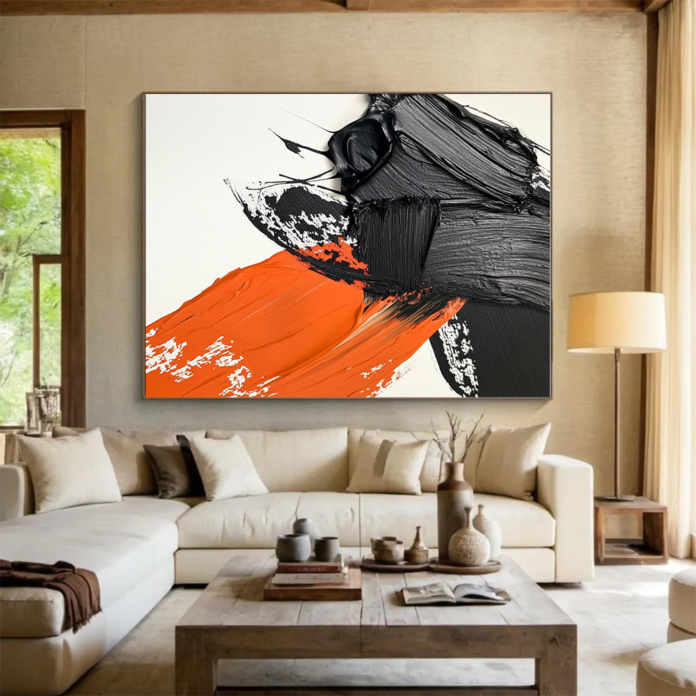 Black Orange White Abstract Painting with Thick Textures GER048