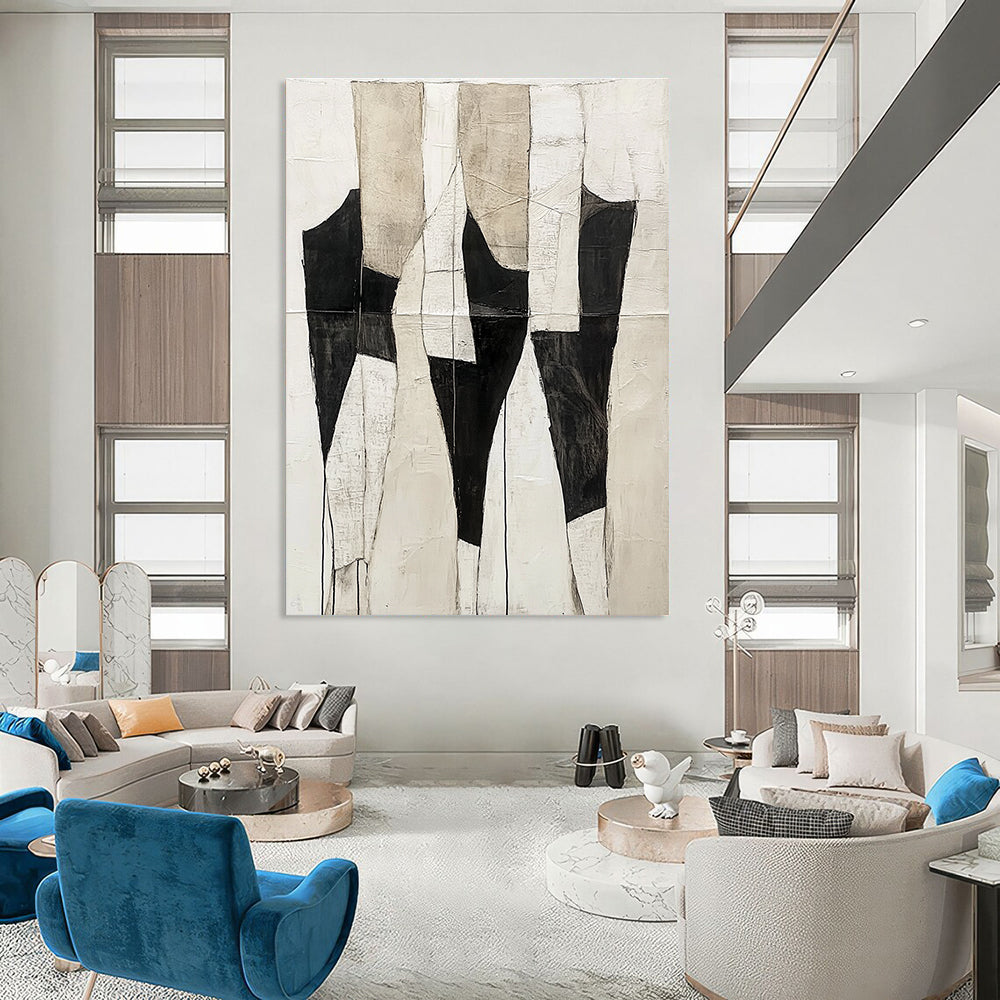 Large abstract painting featuring a light white and black color scheme with ivory cream background and textured body shapes in dark gray and white.STSC403