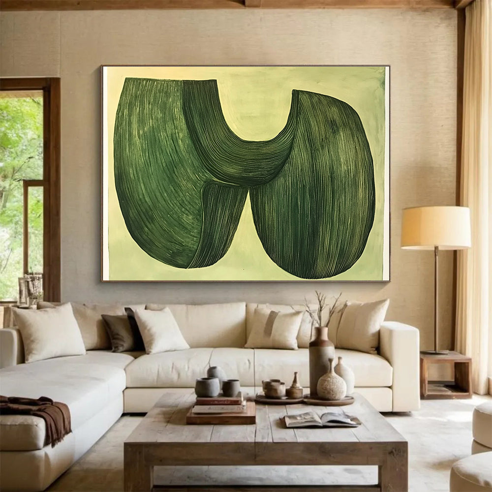 A large abstract painting featuring two organic green shapes fused together on a pastel green background in a 70s retrofuturistic style.SC614