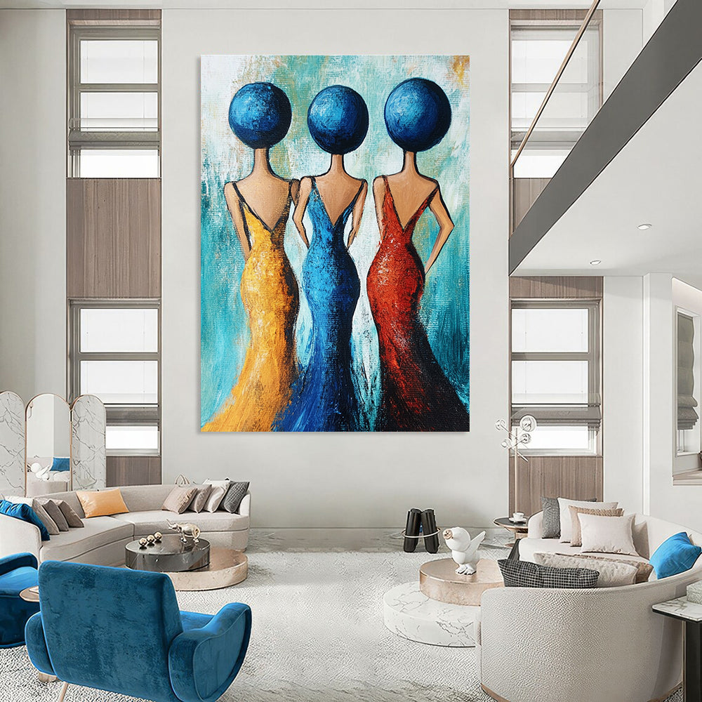 Large abstract acrylic painting featuring three women in evening dresses adorned with blue spheres against a turquoise background in full-body view.STSC005