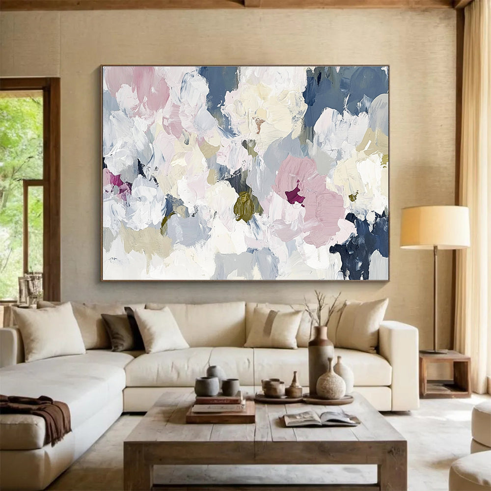Large abstract floral painting in soft whites pinks and greens creating an elegant contemporary composition inspired by nature's beauty.SC049