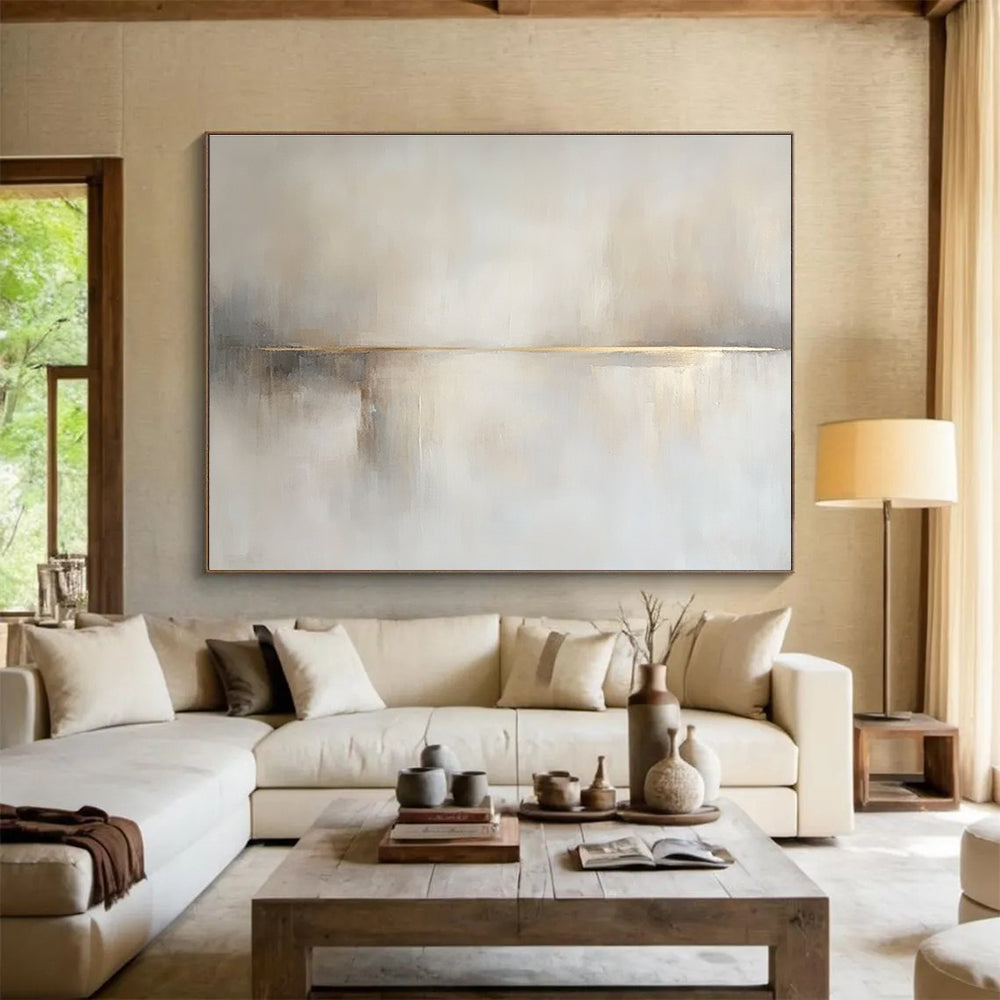 Large abstract painting in beige and white hues featuring soft tones, subtle brushstrokes, and a tranquil sea with a small boat.SC136