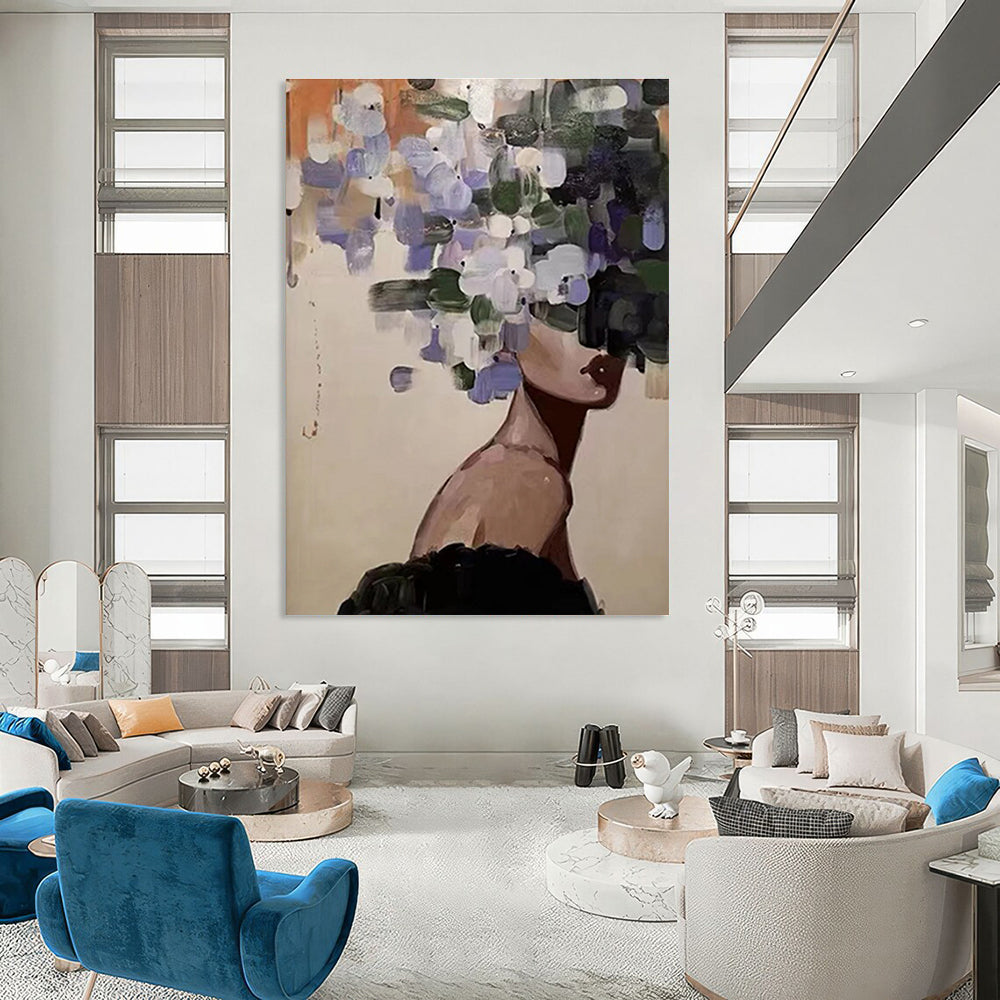 Figure with Flower Head Abstract Painting in Purple and Green ADGE309