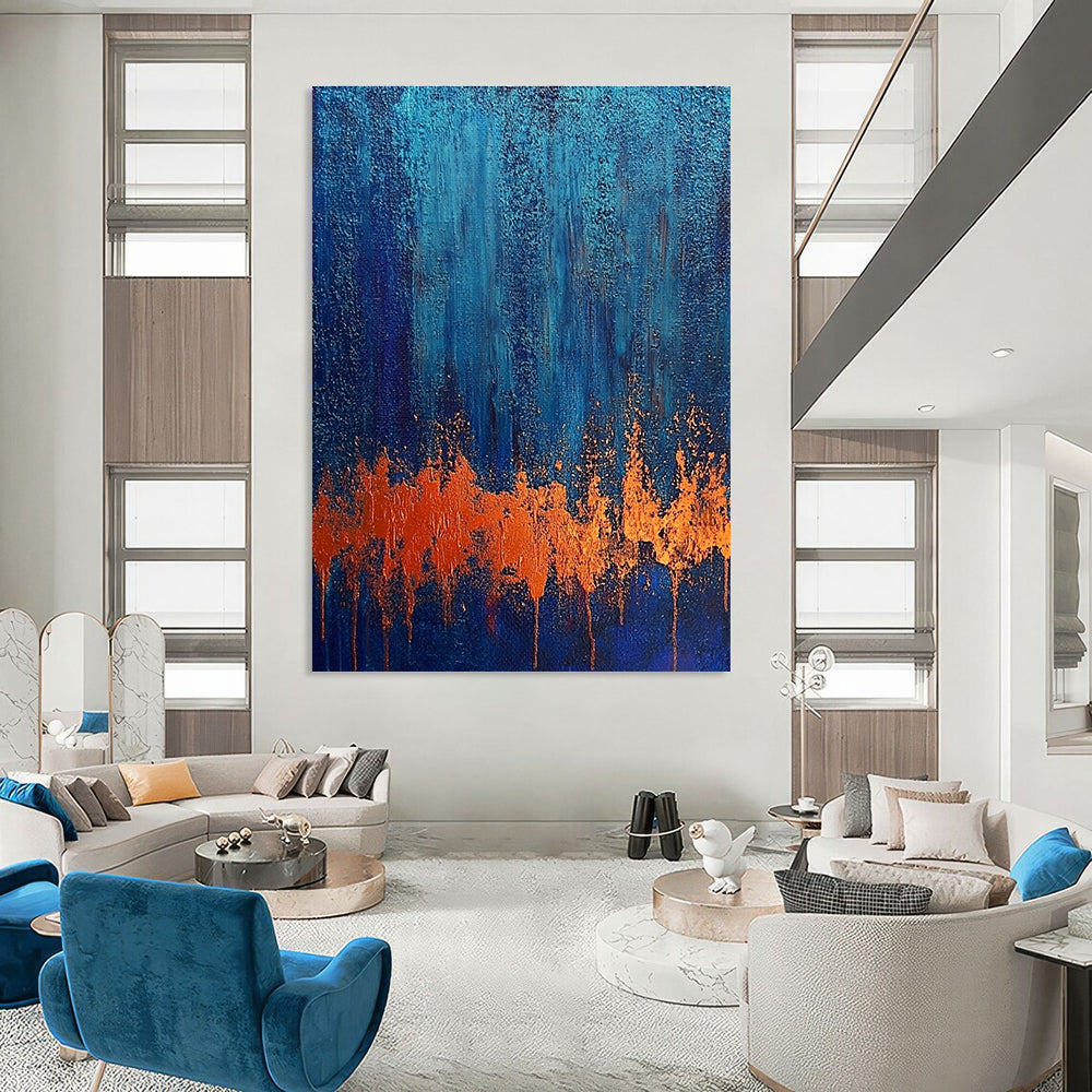 Large abstract painting on textured canvas showcasing rust and blue tones evoking a twilight forest with a copper bark-like foreground.STSC720