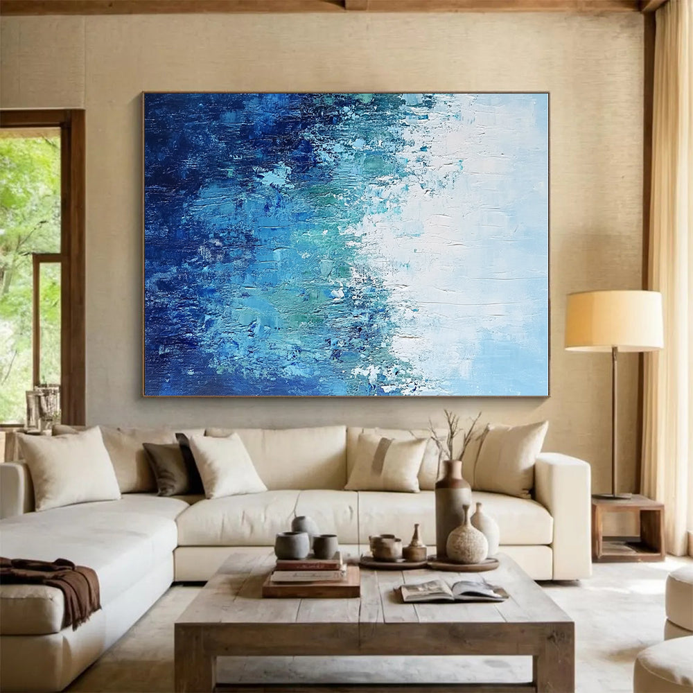 Blue Green and White Abstract Painting with Textured Layers GER693
