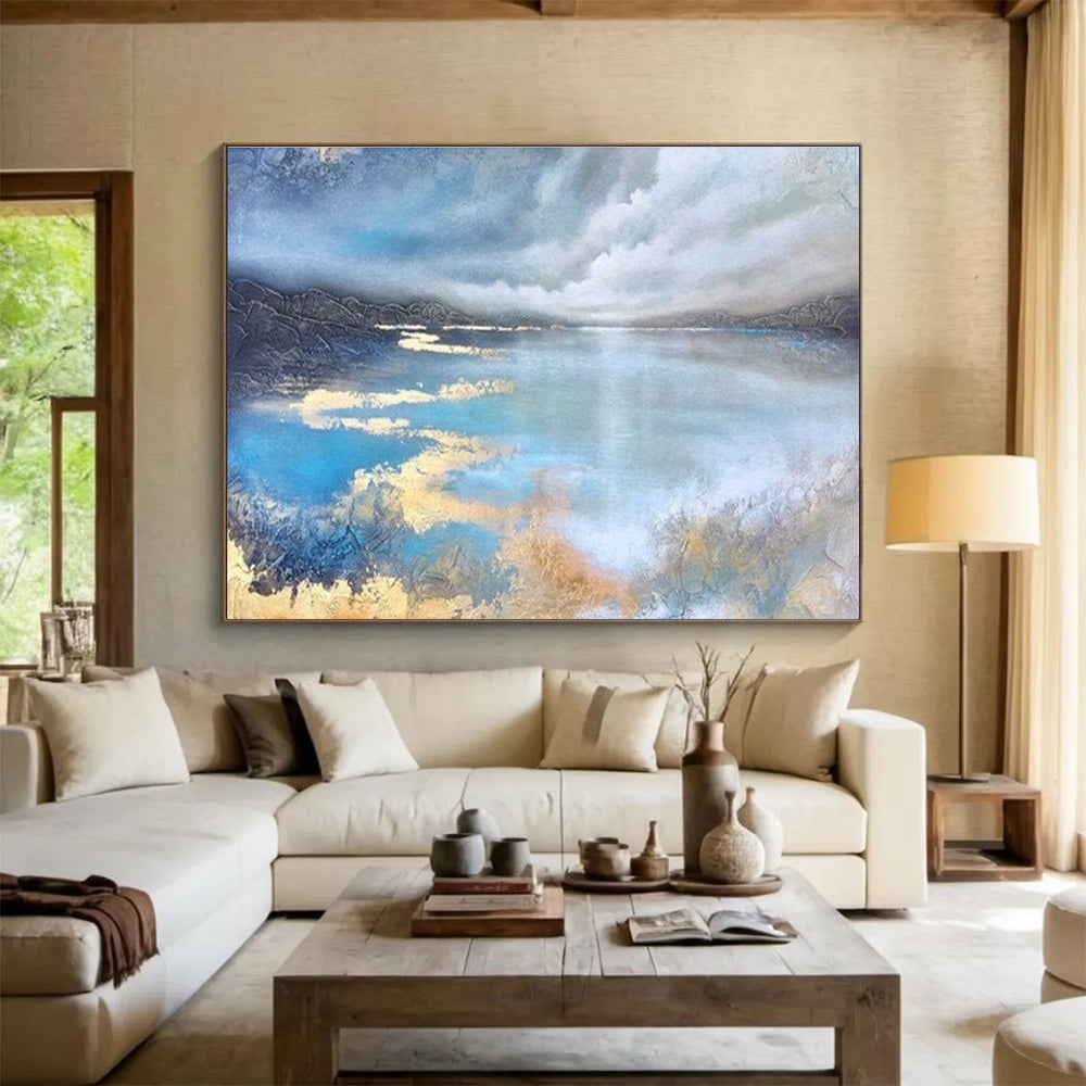 Lake Reflection Abstract Painting with Blue, Grey, and Gold Tones THY192