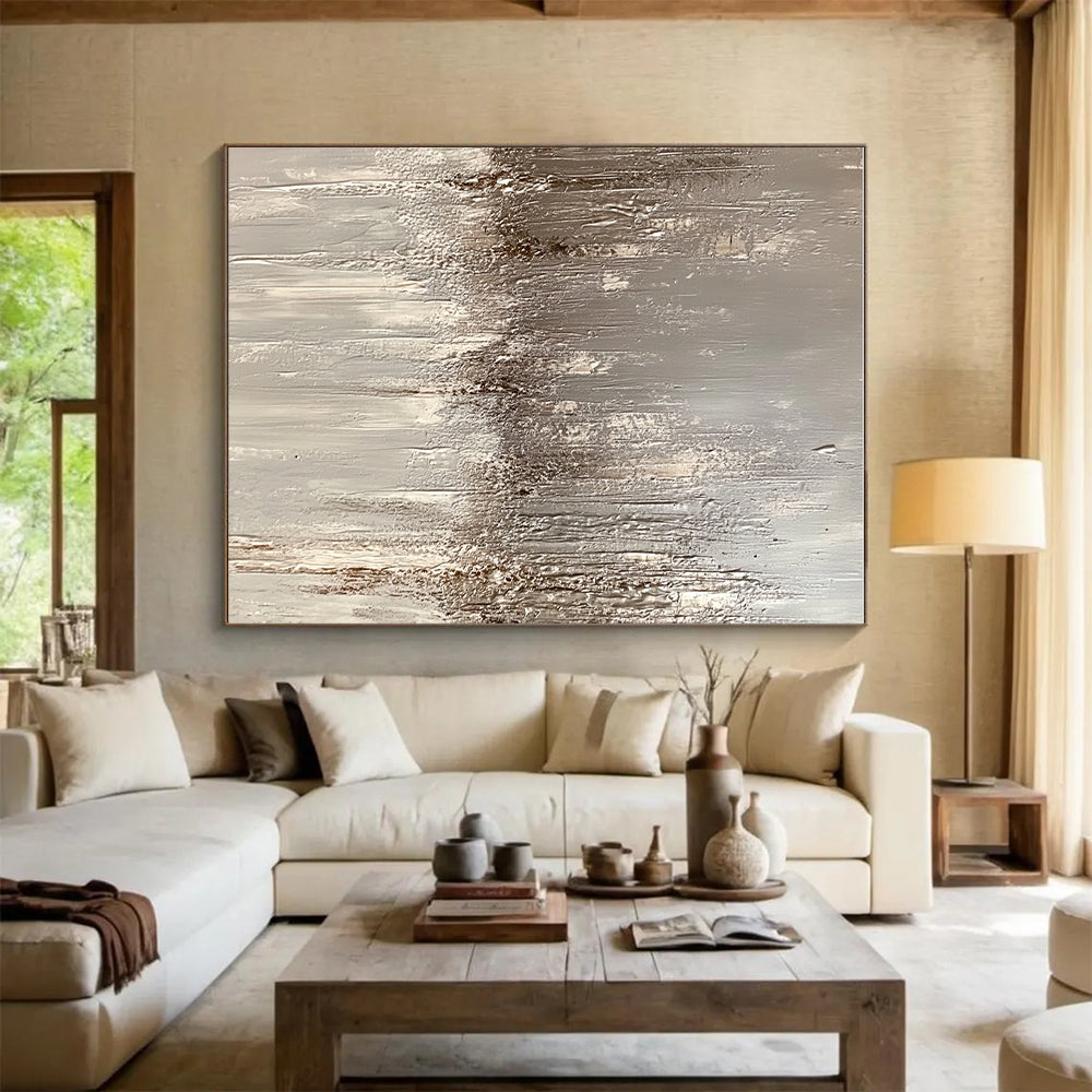 Textured Gray and Beige Abstract Painting with Dripping Effects GER247