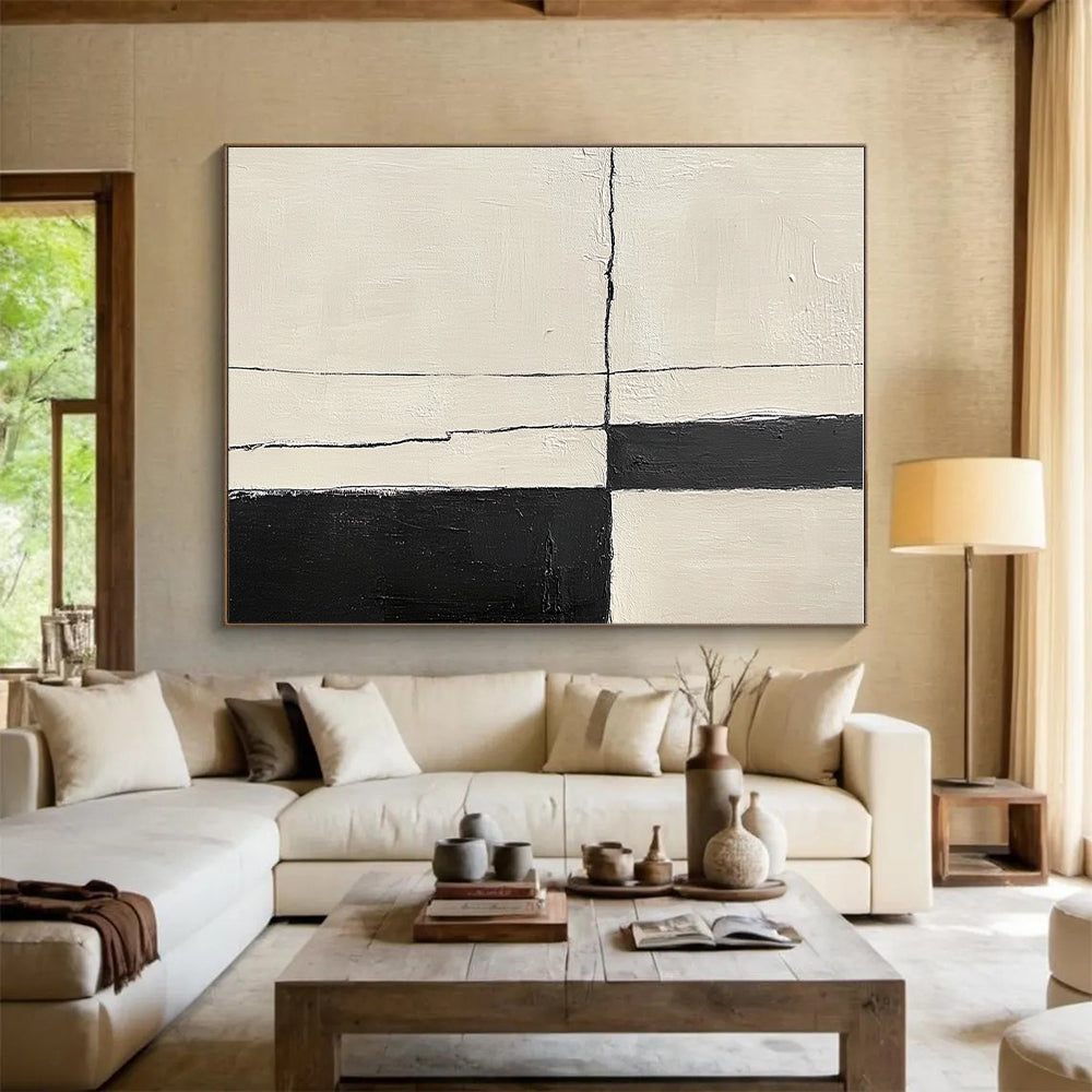 Black and White Geometric Abstract Painting with Cracked Edges GER178
