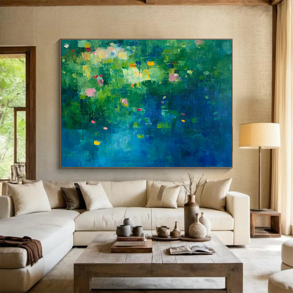 Colorful Floral Abstract Painting with Green and Blue Background DYP503