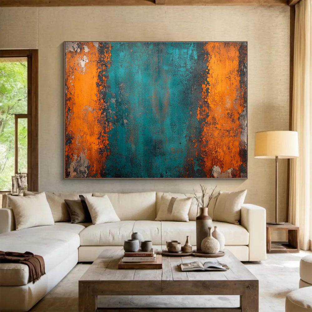 Teal Orange Abstract Painting with Bold, Industrial Edge THY408
