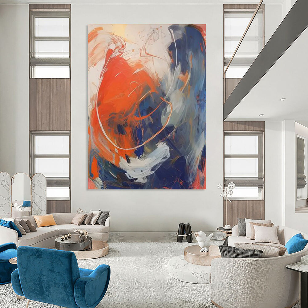 Dynamic Color Swirl Abstract Painting with Orange, Blue, and White ADGE133