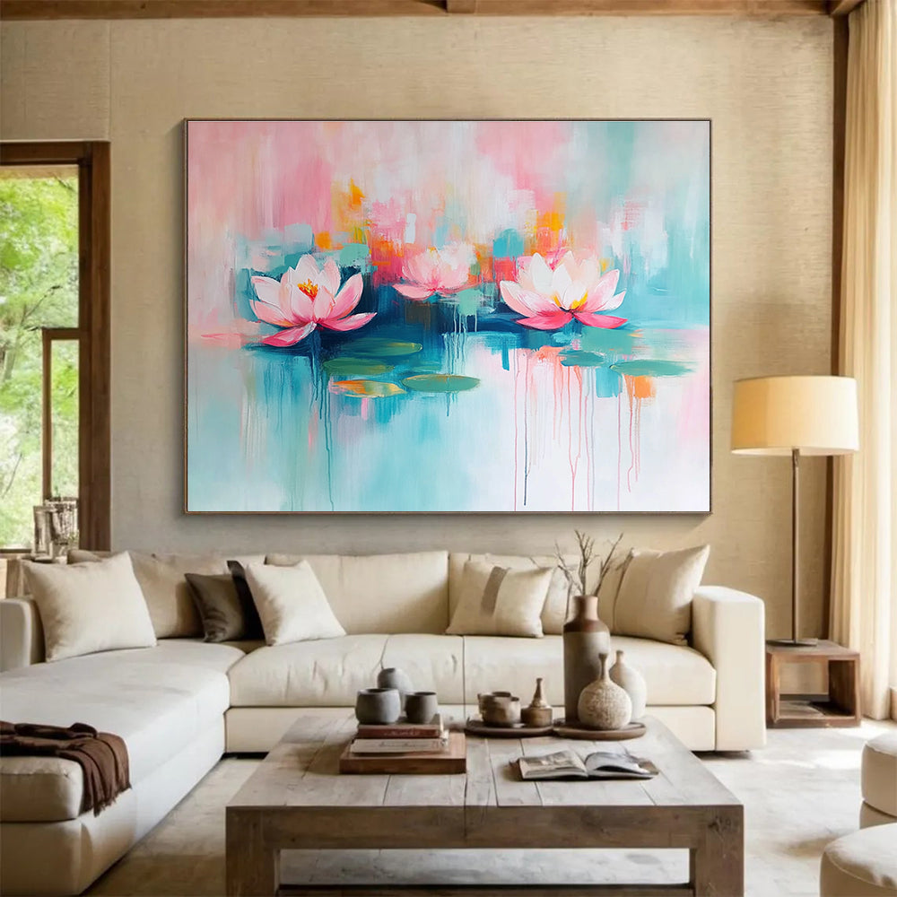 Large abstract painting featuring pink and turquoise water lilies with thick brush strokes on canvas.SC197