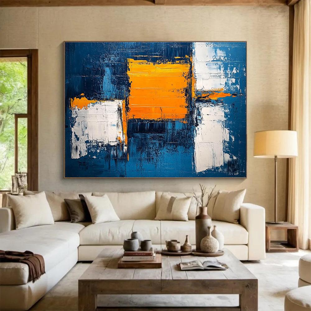 Blue and Orange Abstract Painting with Textured Color Blocks DYP382