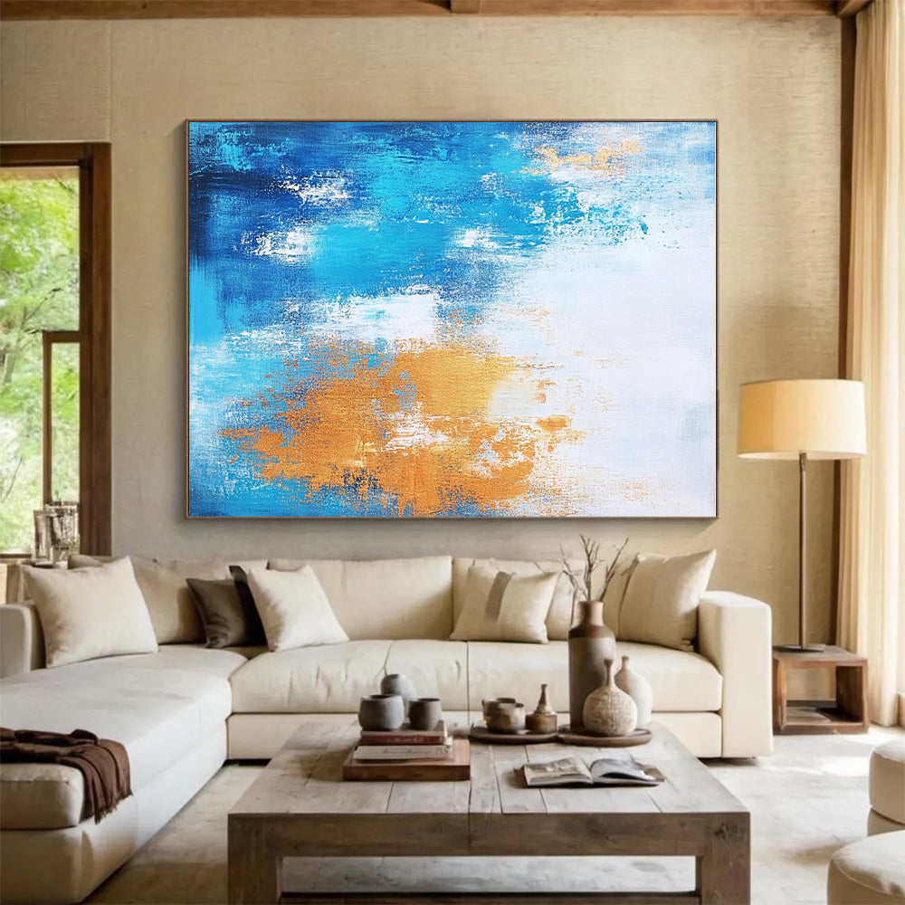 Light Blue and Gold Abstract Painting with Airy Layers GER383