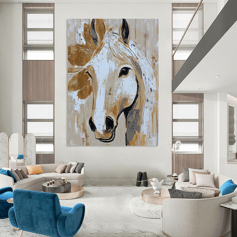 Abstract horse face in beige and white with gold accents reflects rustic farmhouse charm in a detailed expressive painting.STSC073