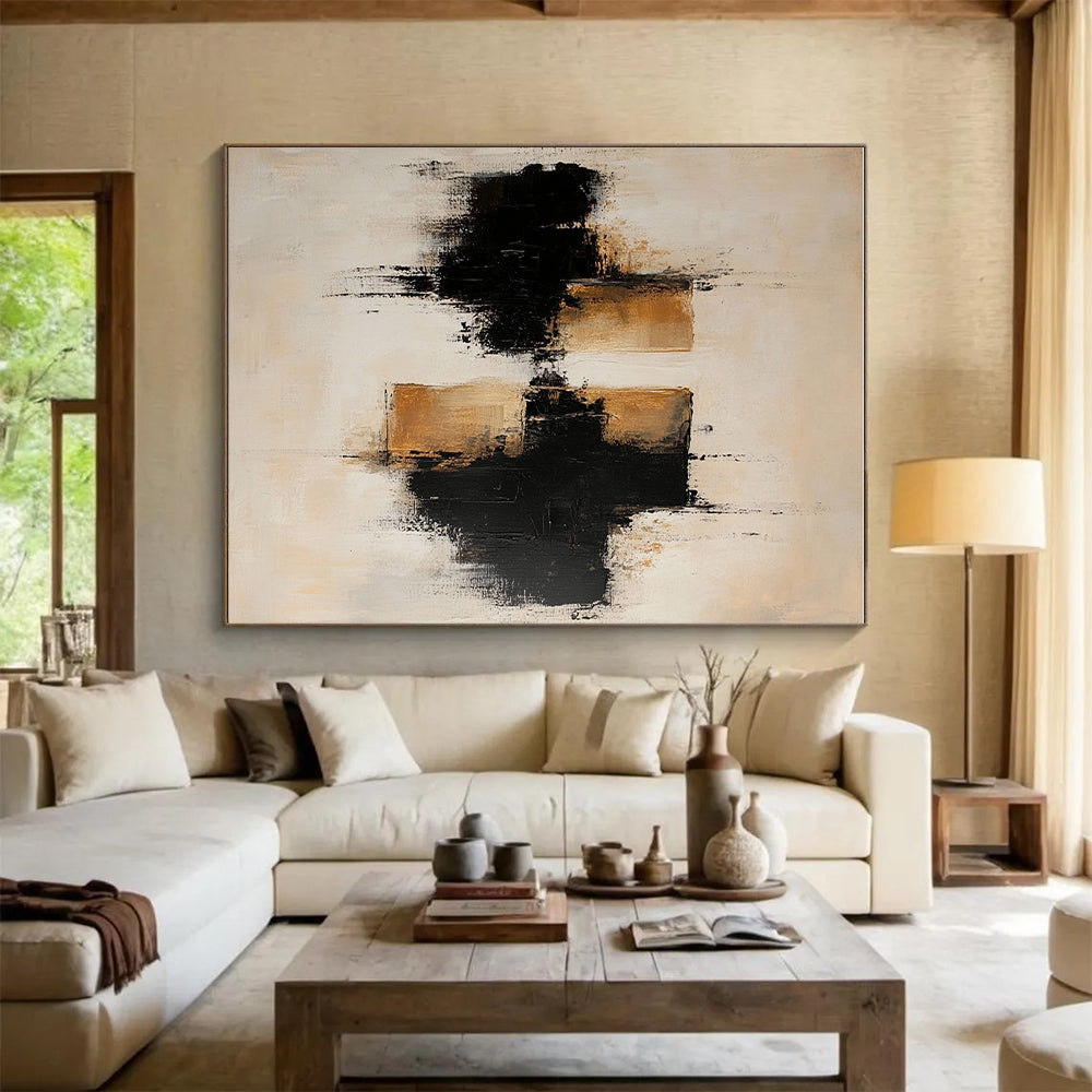 Beige Black Reflective Abstract Painting with Textured Layers GER775
