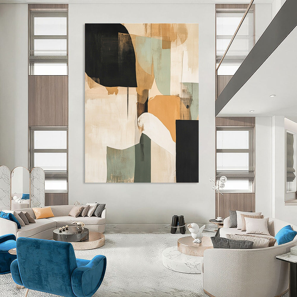 Large abstract painting with beige black and green tones layered with texture featuring organic shapes and a light orange design resembling a tree or cloud.STSC737