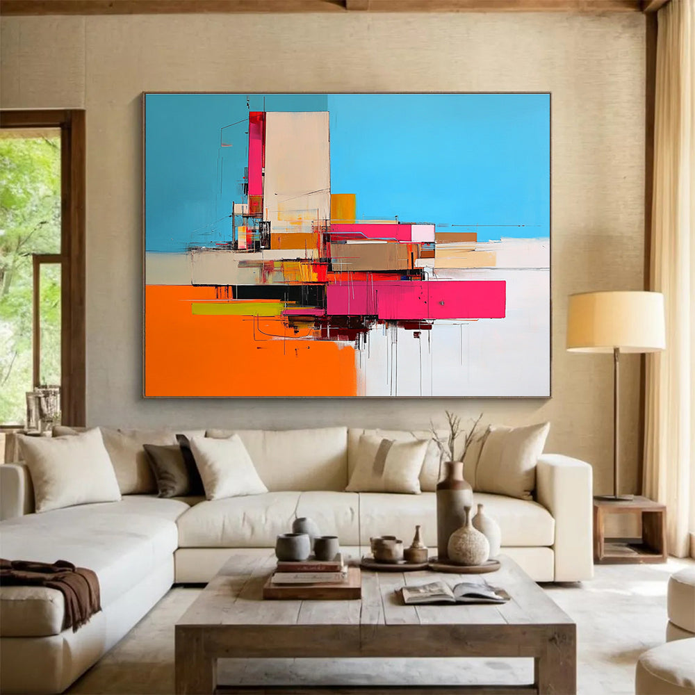 Large abstract painting of an industrial building in vibrant pink and orange hues against a blue backdrop capturing dynamic beauty.SC159