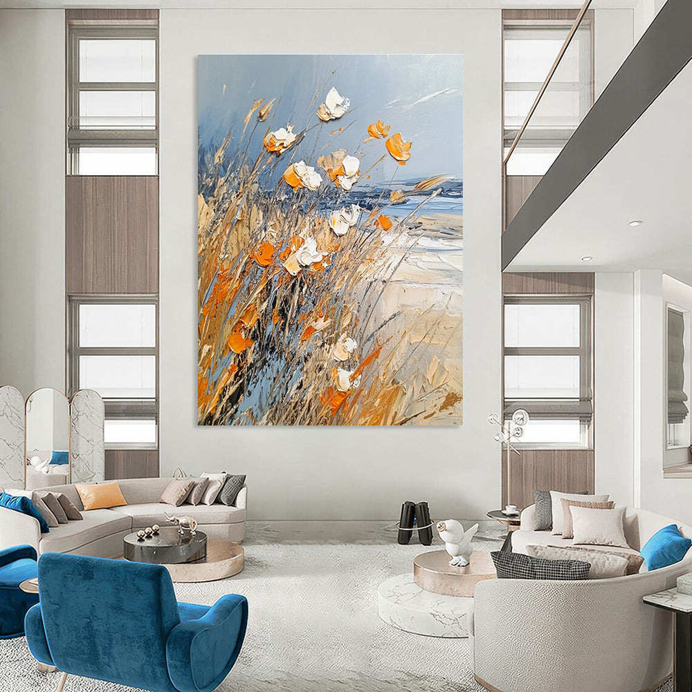 Large abstract painting of beach grass in light blue white and orange featuring thick brush strokes and textured palette knife techniques.STSC880